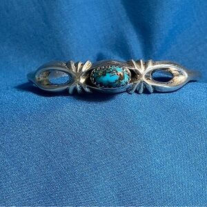 Navajo Sandcast Turquoise Sterling Silver Cuff Bracelet Vintage 1980s Adjustable